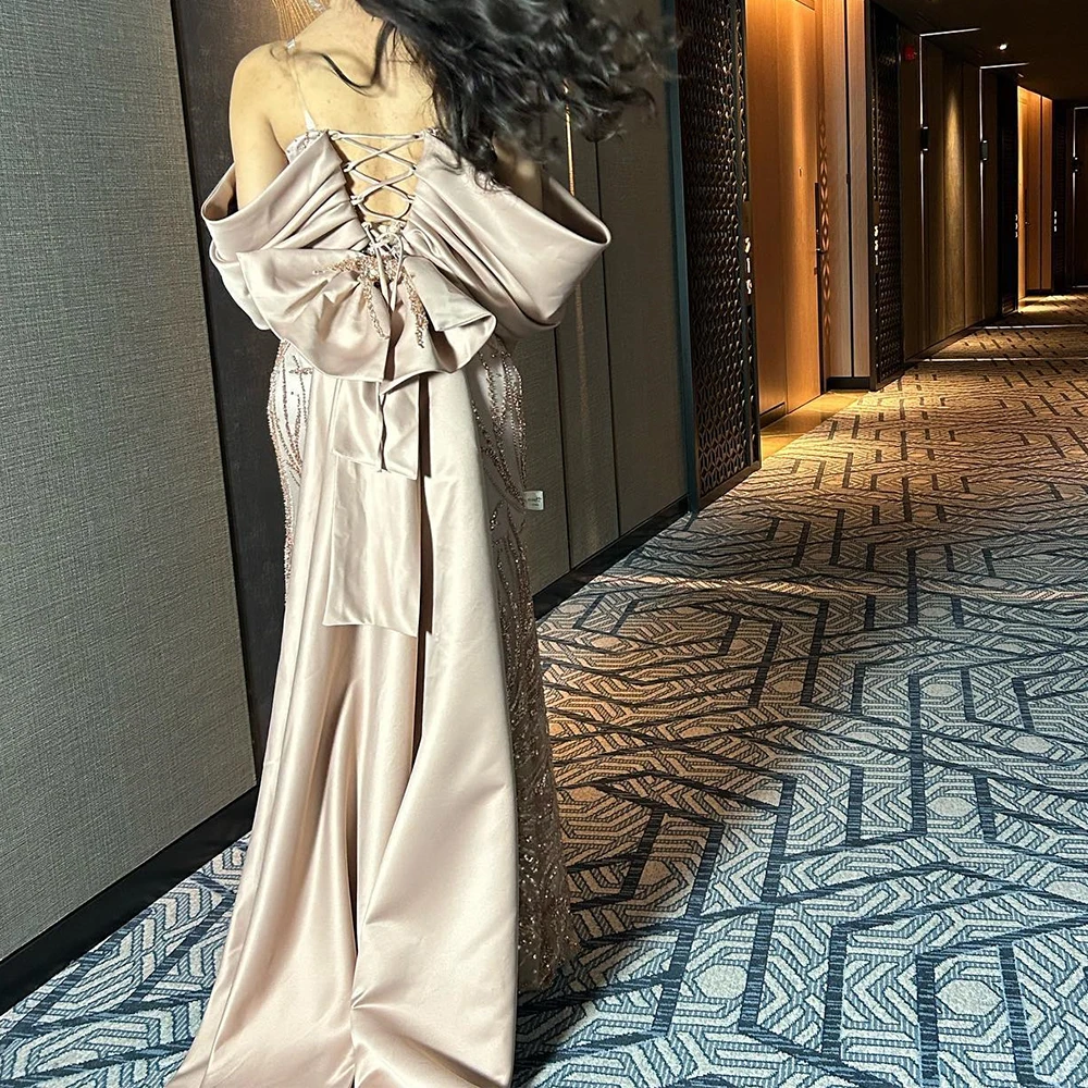 Customized Exquisite Crystal Sequined Boat Neck Floor Length A-Line Vestidos De Fiesta Satin Off The Shoulder Lace Up Back плать