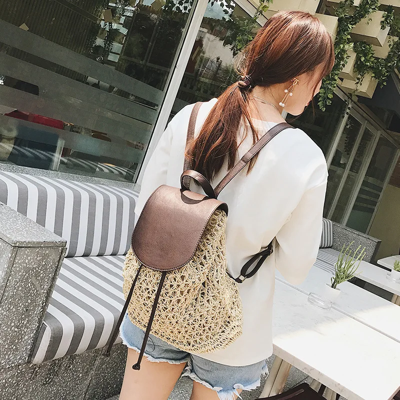 Women's Handwoven Paper Straw Backpack Small Summer Lightweight Hollow Design Casual Holiday Travel Bag