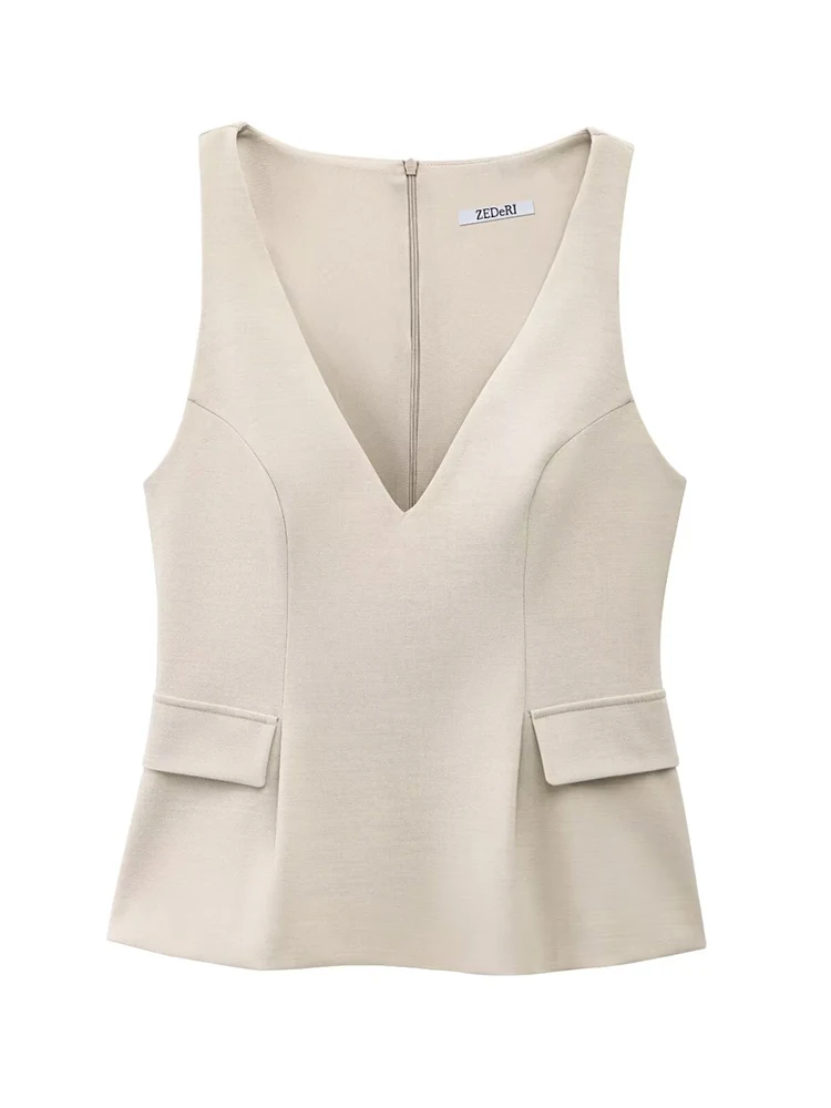 TFMLN ผู้หญิงกระโปรง Hem Tops ฤดูใบไม้ผลิฤดูร้อนแฟชั่น Chic V คอกระเป๋าเสื้อ Sweet Lady Causal Tops