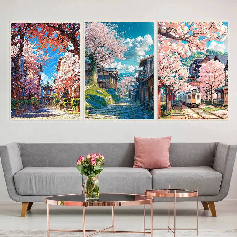 1pc Frameless Canvas Painting Japanese Cherry Blossom Village Poster Flora Tree Street Pathway Mount Fuji Canvas Painting Wall A