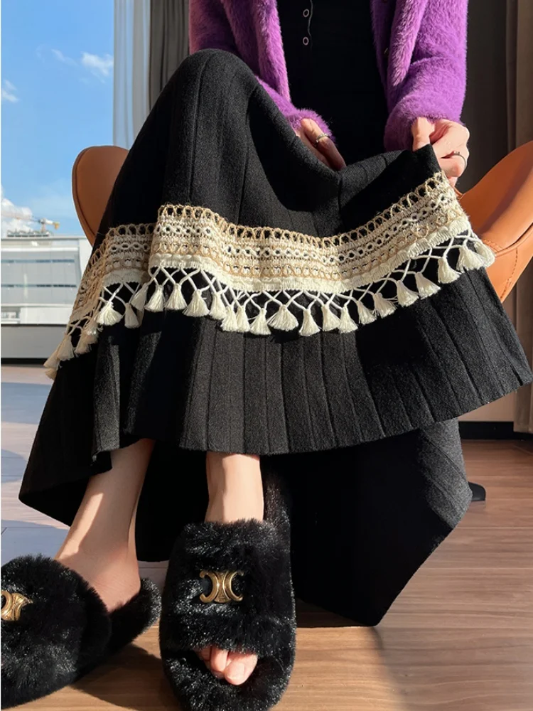 SMTHMA المرأة 2025 الخريف/الشتاء لينة عالية الخصر ألف خط كبير سوينغ تنورة مع مائة أضعاف شرابة الربط محبوك تنورة طويلة #6