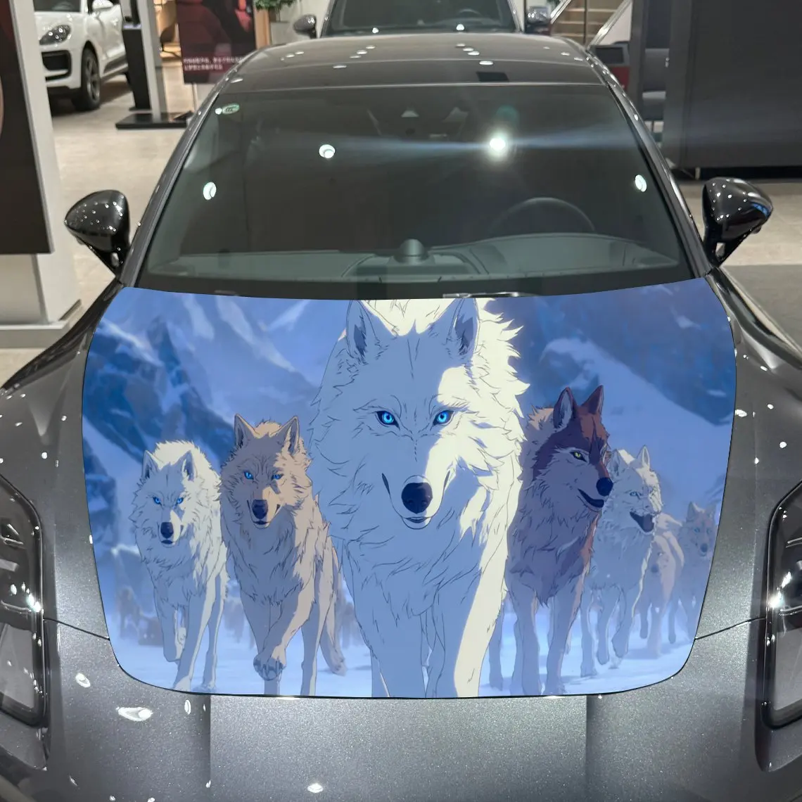 

Fantasy Snow Wolf Pack Adventure PVC Car Hood Wraps, Self-Adhesive Waterproof Car Bonnet Decal Sticker, Car Decoration Protectio