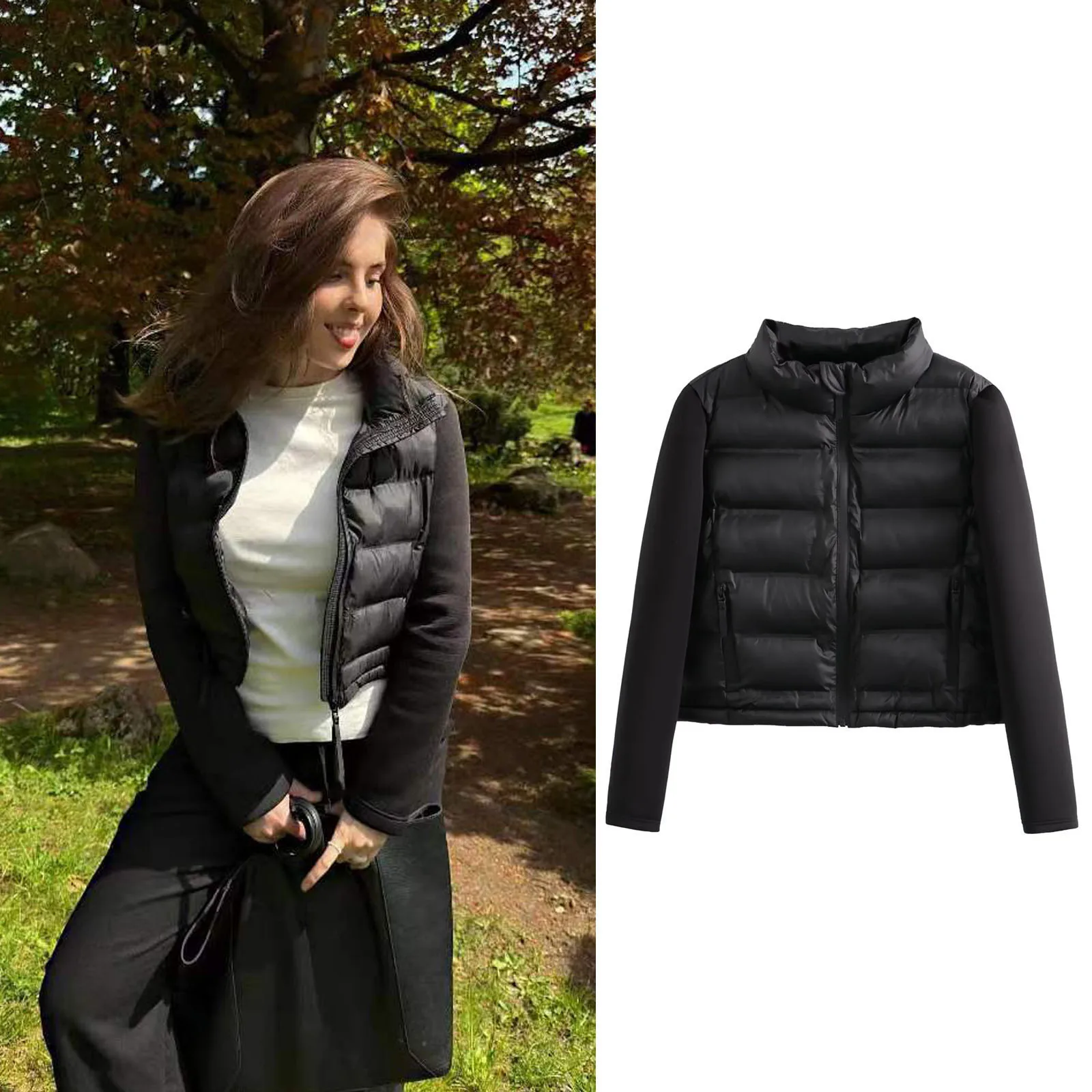 greatguy 2024 High quality fashionable autumn and winter new women\'s black patchwork cotton jacket thin short cotton jacket