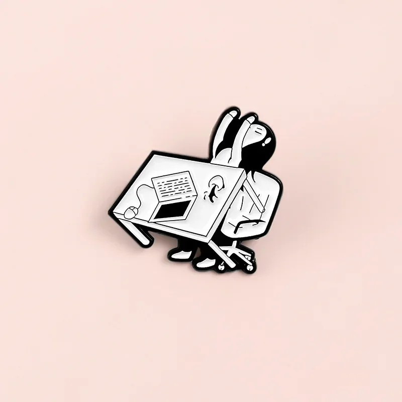 Cartoon Fun Creative Girl Flipping Table Computer Work Brooches Office Enamel Pin Metal Lapel Badges Angry Action Chest Button