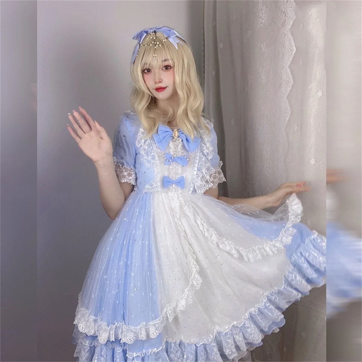 French Romantic Sweet Style Cosplay Lolita Op Elegant Girl Tea Party Fairy Tale Fantasy Star Mesh Lace Ruffled Puff Sleeve Dress