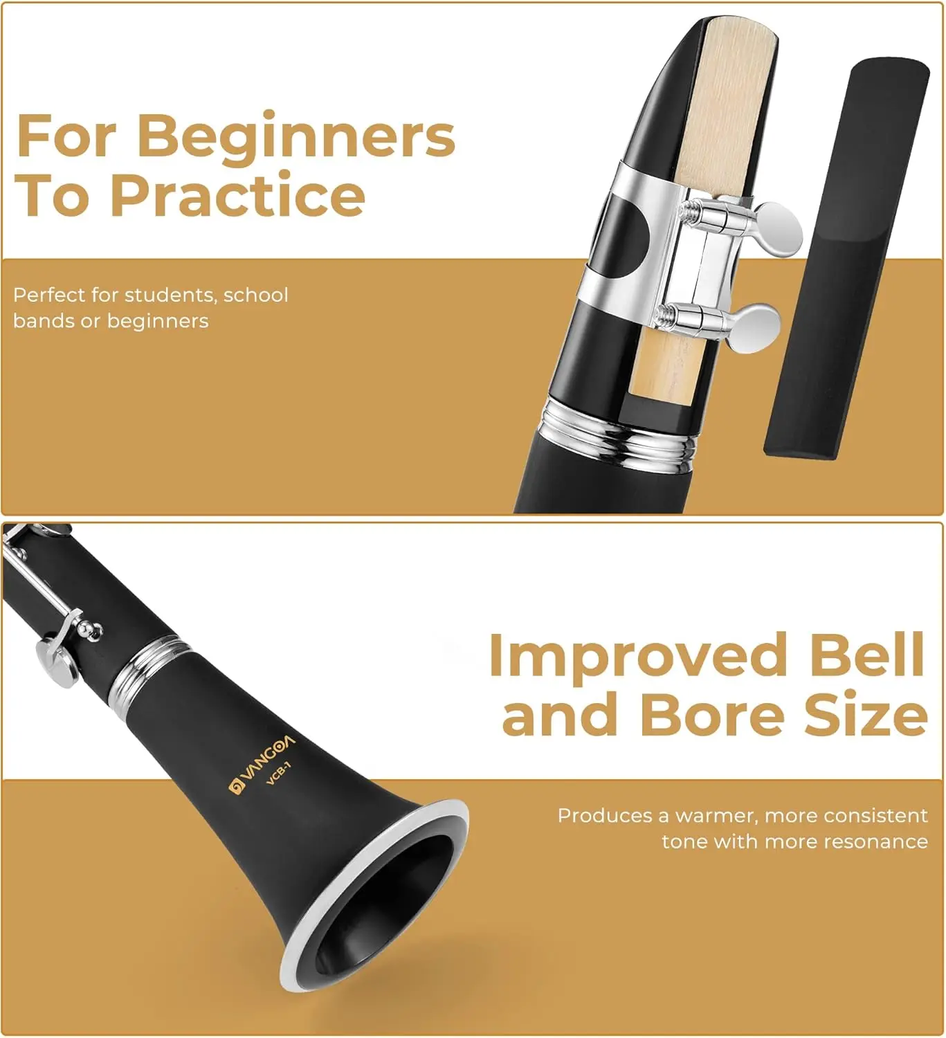 Bb Clarinet Beginner Kit with Hard Case, Stand, Cleaning Tools for Student Band Orchestra