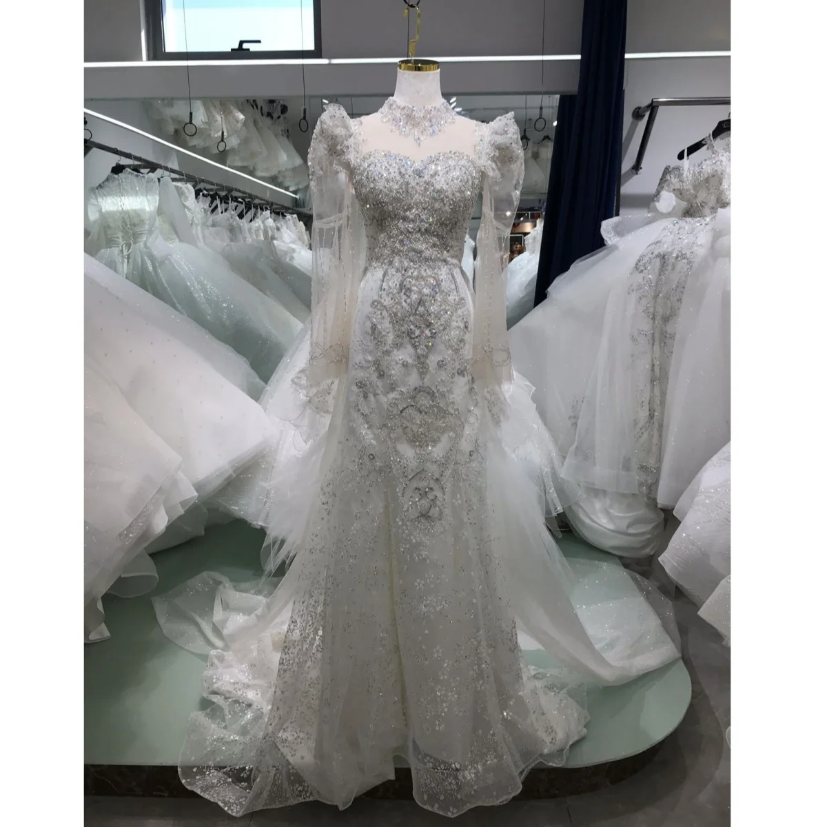 

Kisswhite Xlove Collection pearls crystals mermaid wedding dresses with remove skirt high neck long sleeves wedding dresses