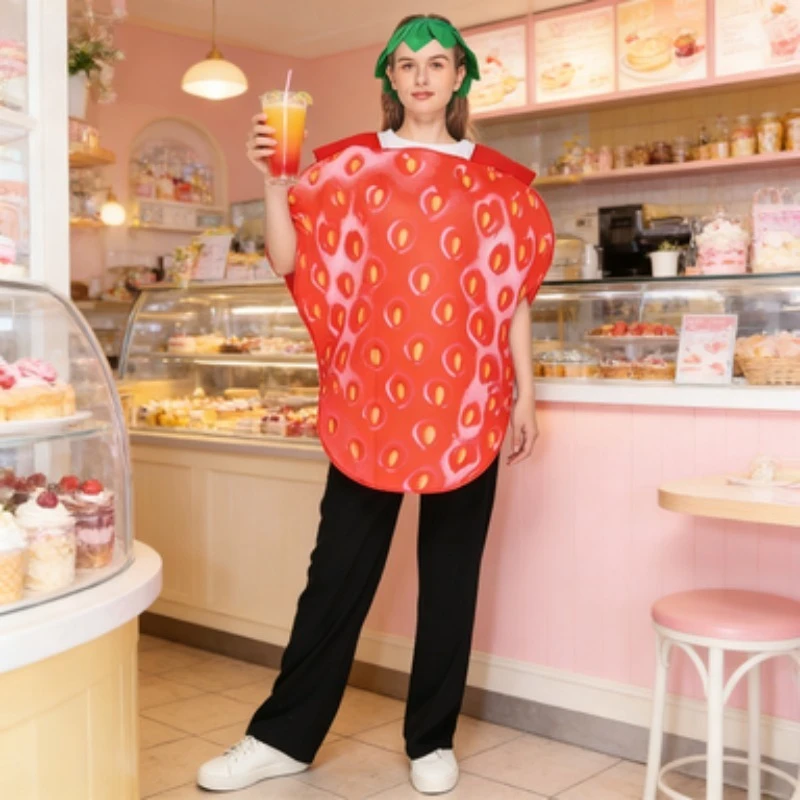 

Костюм для взрослых в виде клубники, забавный фруктовый костюм для вечеринки на Хэллоуин