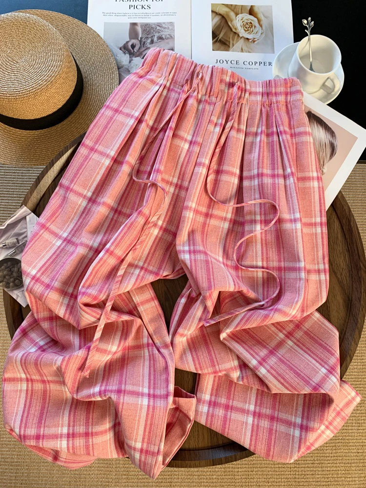 

Розовые повседневные брюки в клетку, женские свободные повседневные спортивные широкие брюки в стиле Харадзюку, женские весенне-летние уличные брюки с высокой талией, новые