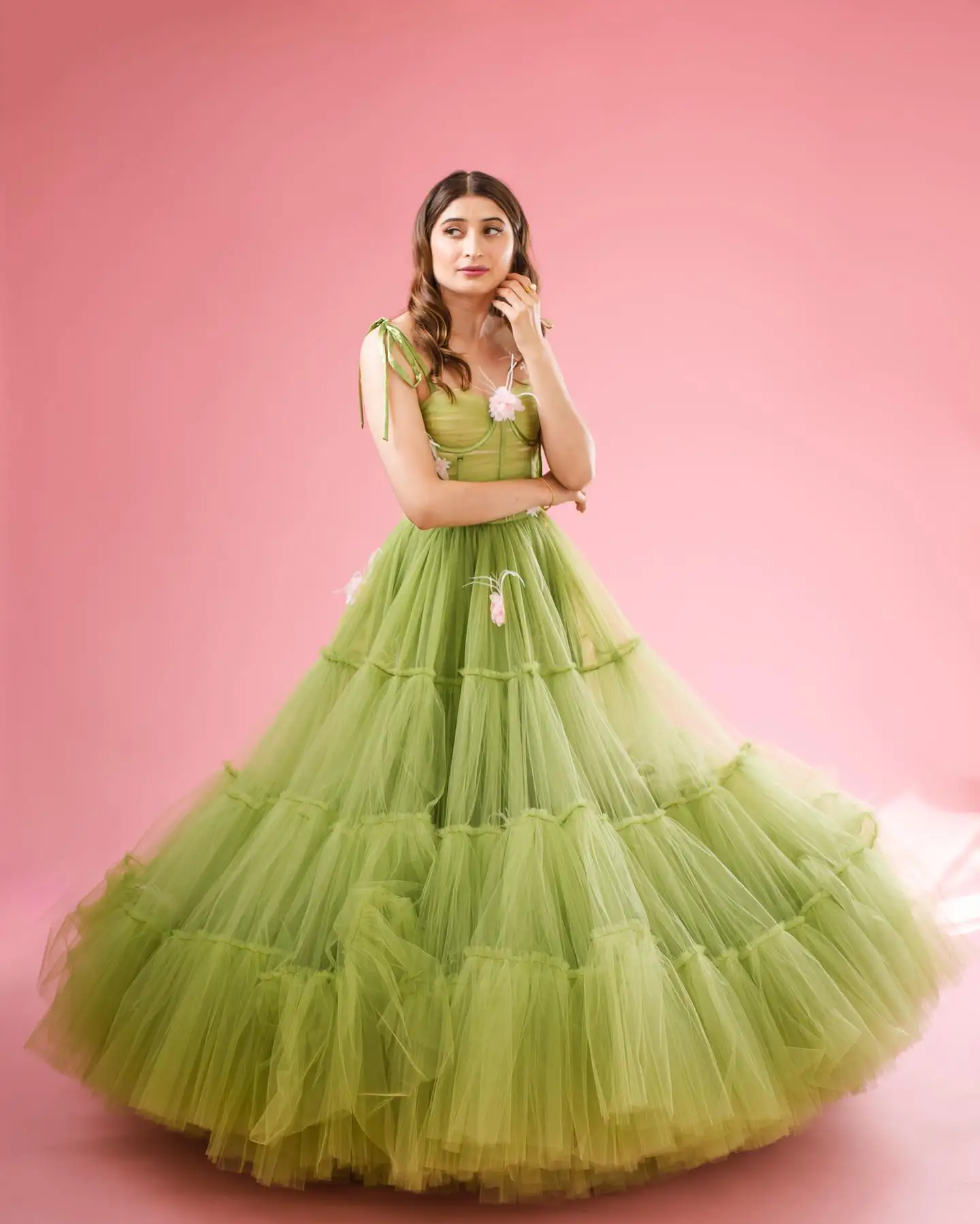 Fresh Green Volume Tulle Long Women Maxi Dresses With Handmade Flower Pretty A-line Long Tutu Tulle Wedding Gowns