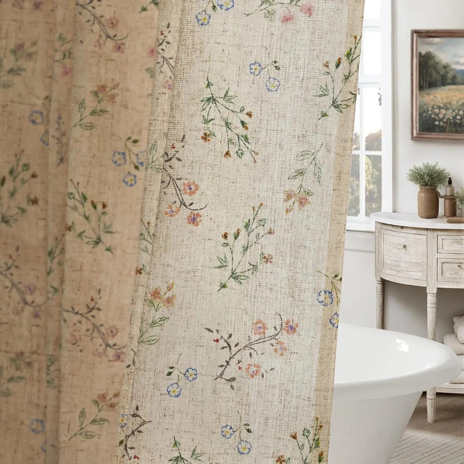 

Floral Linen Shower Curtain with Rustic Farmhouse Design, 72x72 Inches for Bathroom Decor