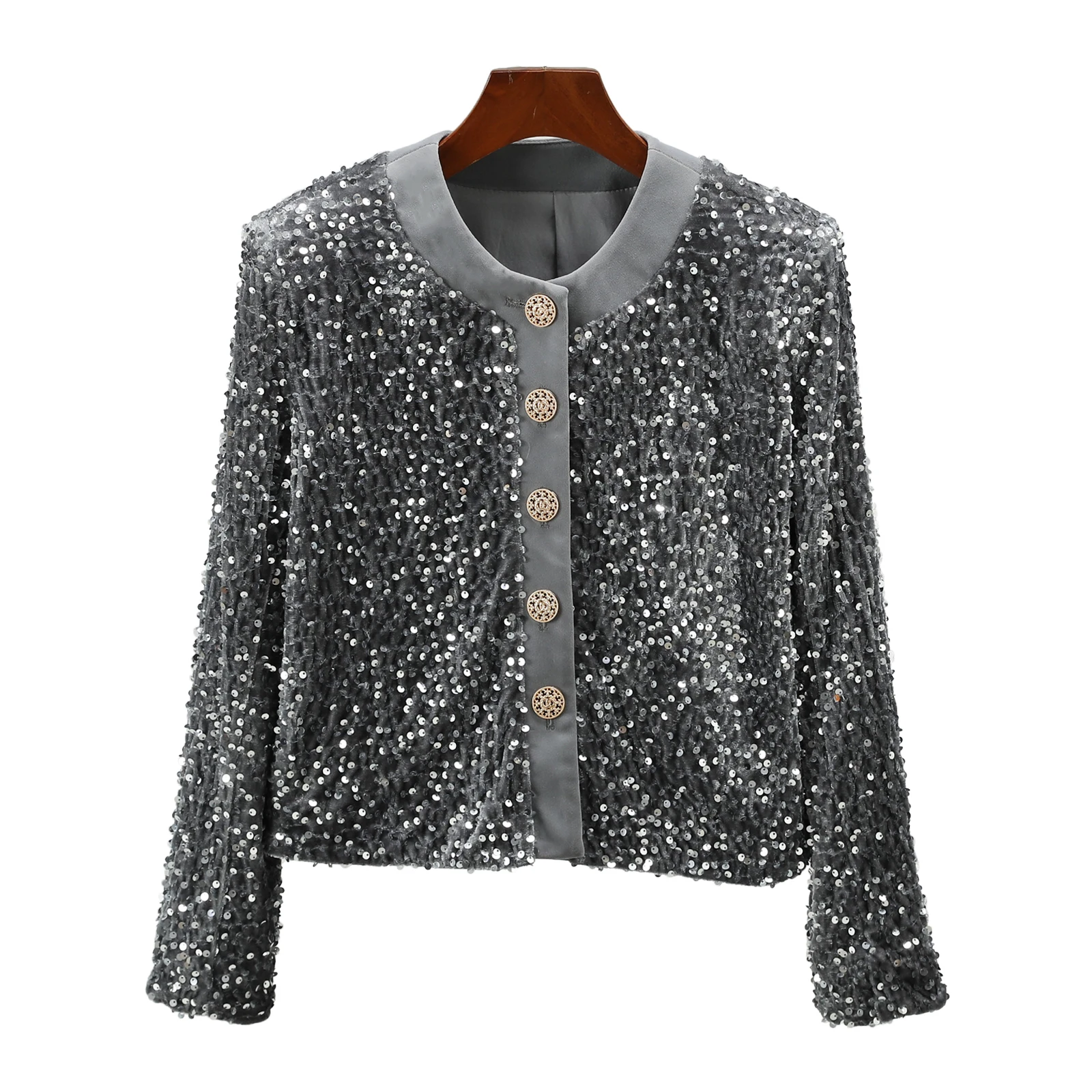 2025 new style fashionable round neck full-sleeved light luxury high-definition heavy industry sequined velvet tweed jack