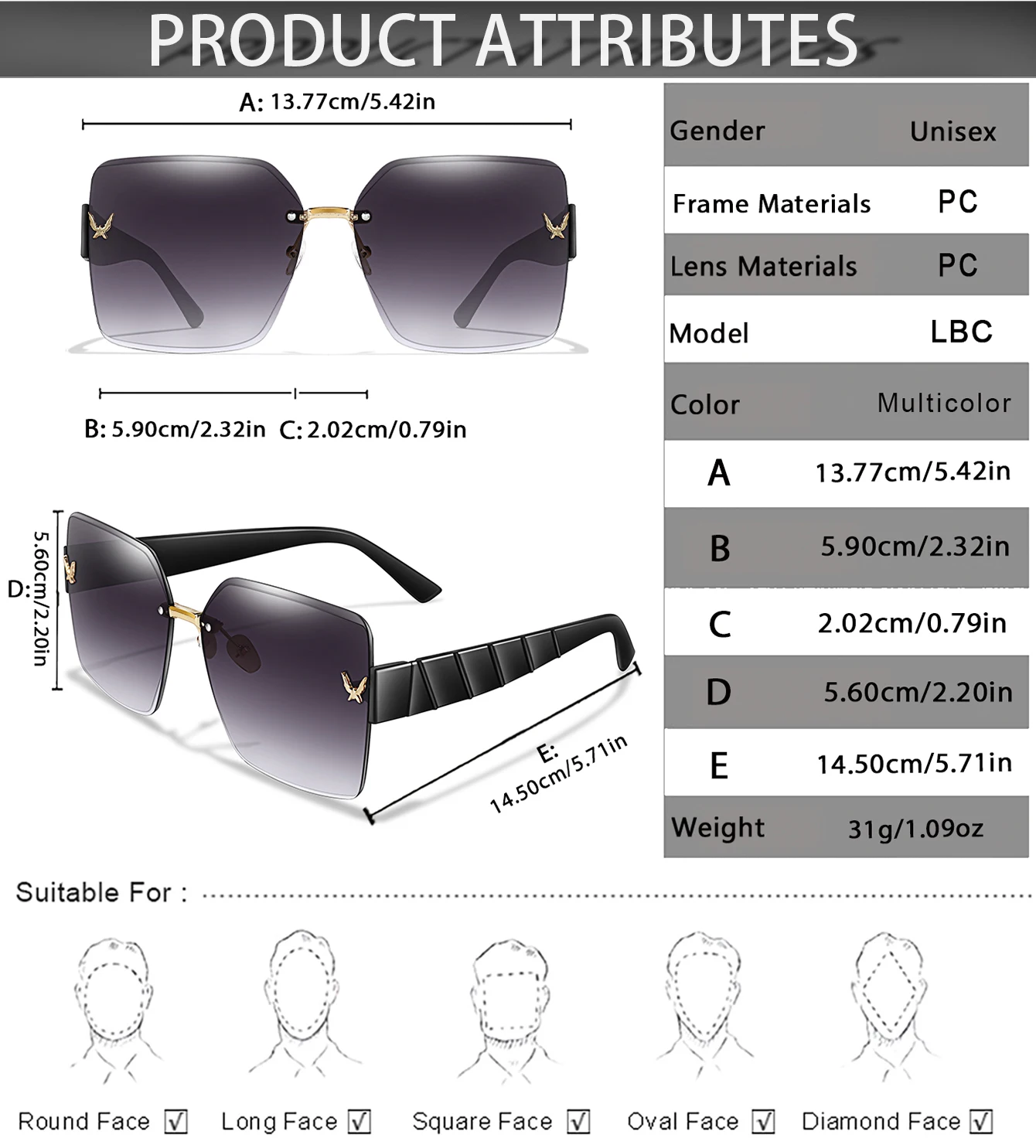 Trendige randlose Sonnenbrille für Damen und Herren, lässige quadratische Brille mit UV-Schutz für Outdoor-Wandern, Angeln, Radfahren – Detail 2
