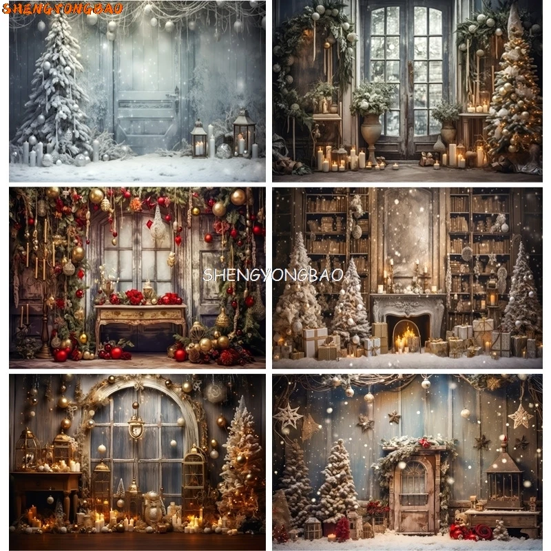 

Christmas Tree With Gift Boxes Photography Backdrops Winter Snow Decorations Wooden Door Fireplace Room Background Props WR-17