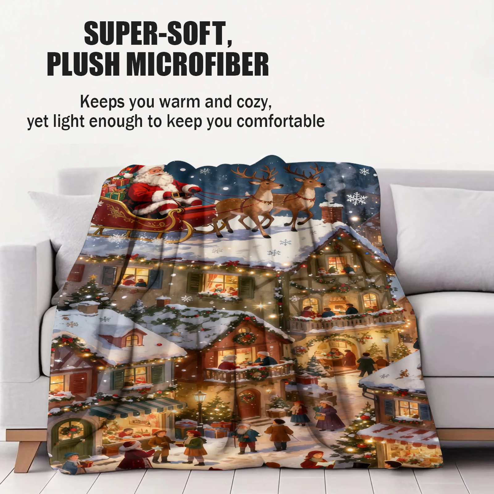 1 قطعة سانتا كلوز احتفالي الرنة المشهد الليلي الفانيلا رمي بطانية المحمولة خفيفة الوزن لينة ودافئة HD بطانية صوف مطبوعة