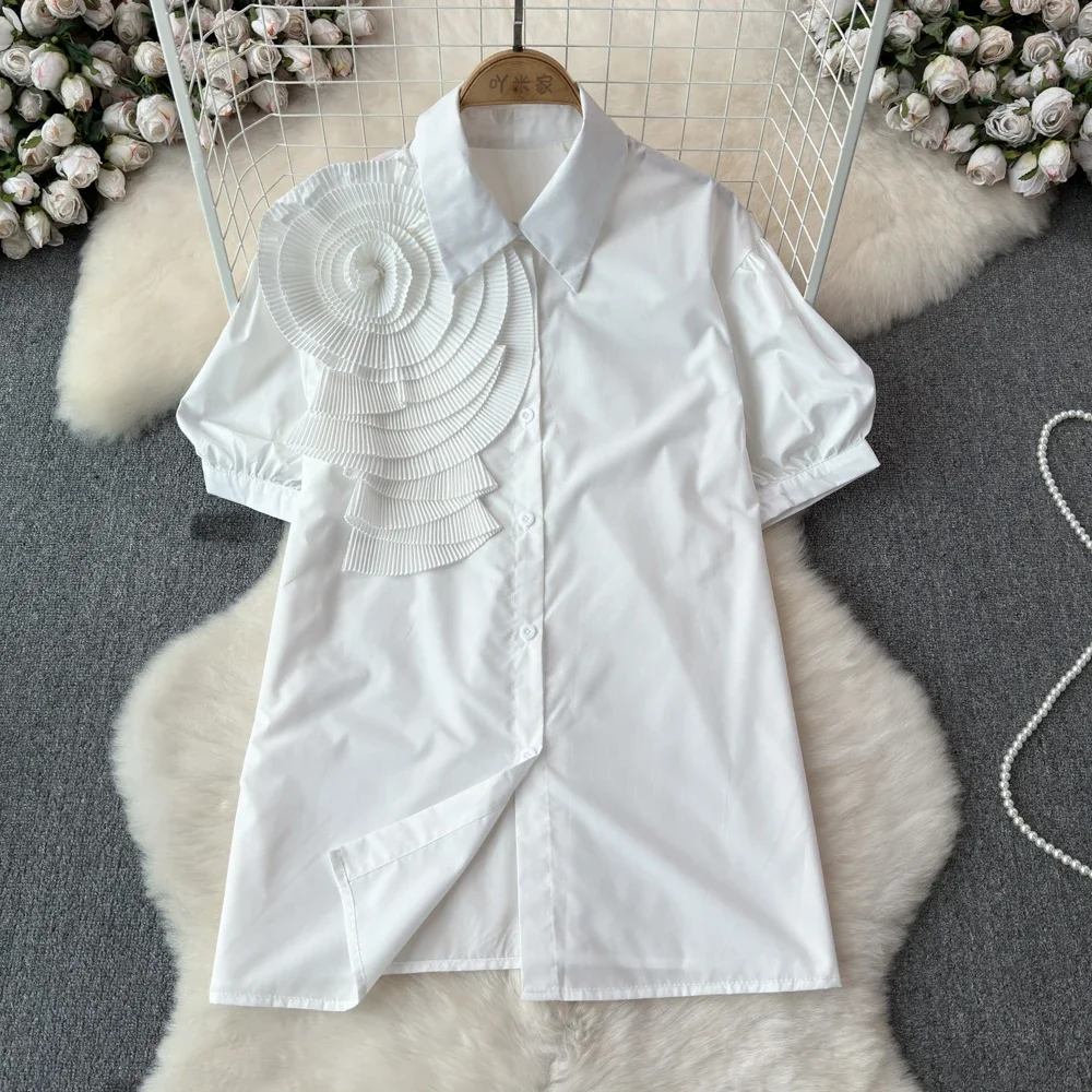 2024 Solid Summer Shirts&blouses 3D Flowers Vintage Korean Fashion Short Sleeve Women Tops Elegant Sweet Party Blusas Mujer