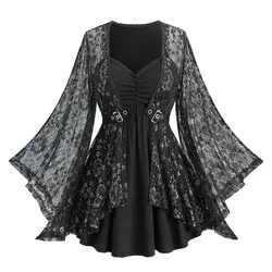 ROSEGALPlus Size Flare Sleeves Glitter Rose Flower Lace Panel Ruched 2 in 1 Layered Top 2026 Black Fashion  commuting Blouses