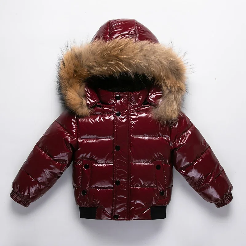 Winter Infant Boys Down Jacket Faux Fur Long Sleeve Thicken Warm Baby Boys Parkas Zipper Shinny Waterproof Toddler Boy Outerwear