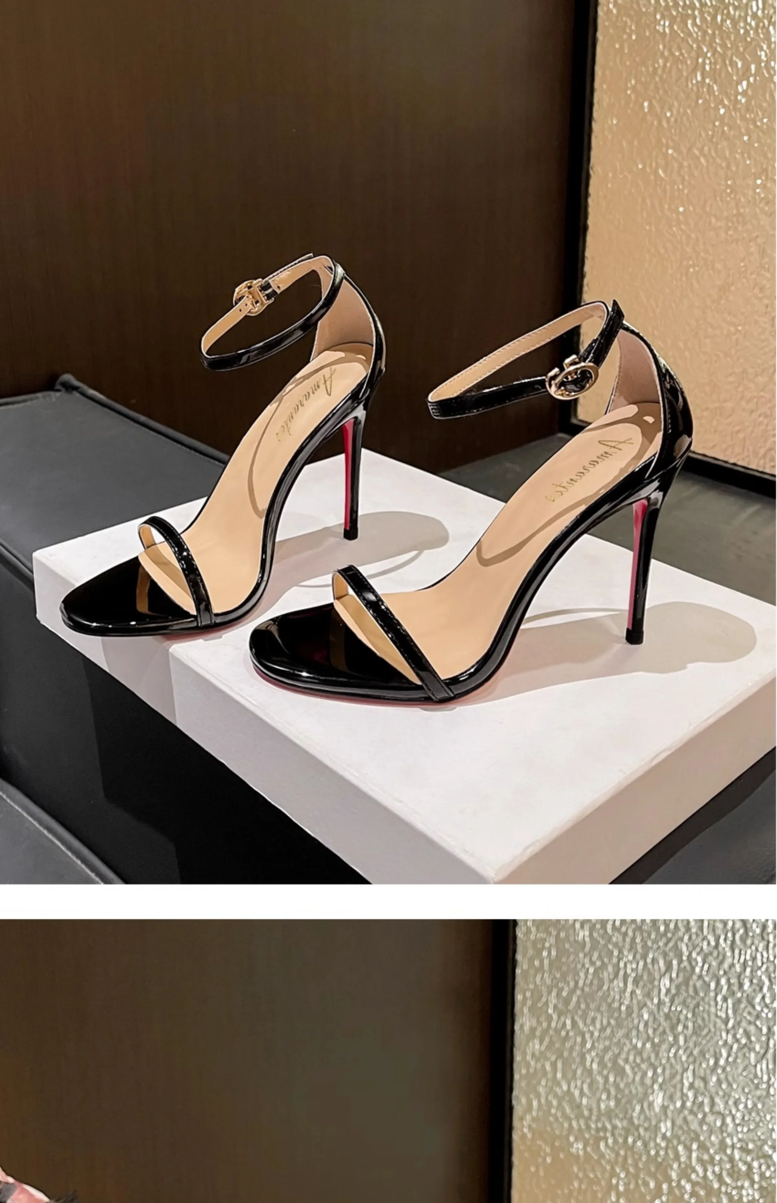 

Black striped sandals, women's summer new style, red soled high heels, slim heels, sexy internet famous plus size women's shoes