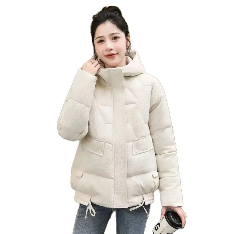 

Autumn Winter Down Cotton Jacket Women 2024 New Lapel Hooded Outerwear Fashion Pocket Puffer Coat Loose Parka Overcoat Female