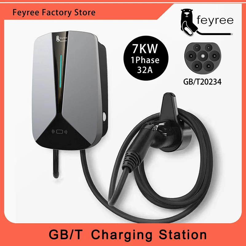 feyree EV Charger GB/T Plug Socket 32A 7.6KW 1Phase EVSE Wallbox Plug and Charge Model 5m Cable for Electric Vehicle Car Charger