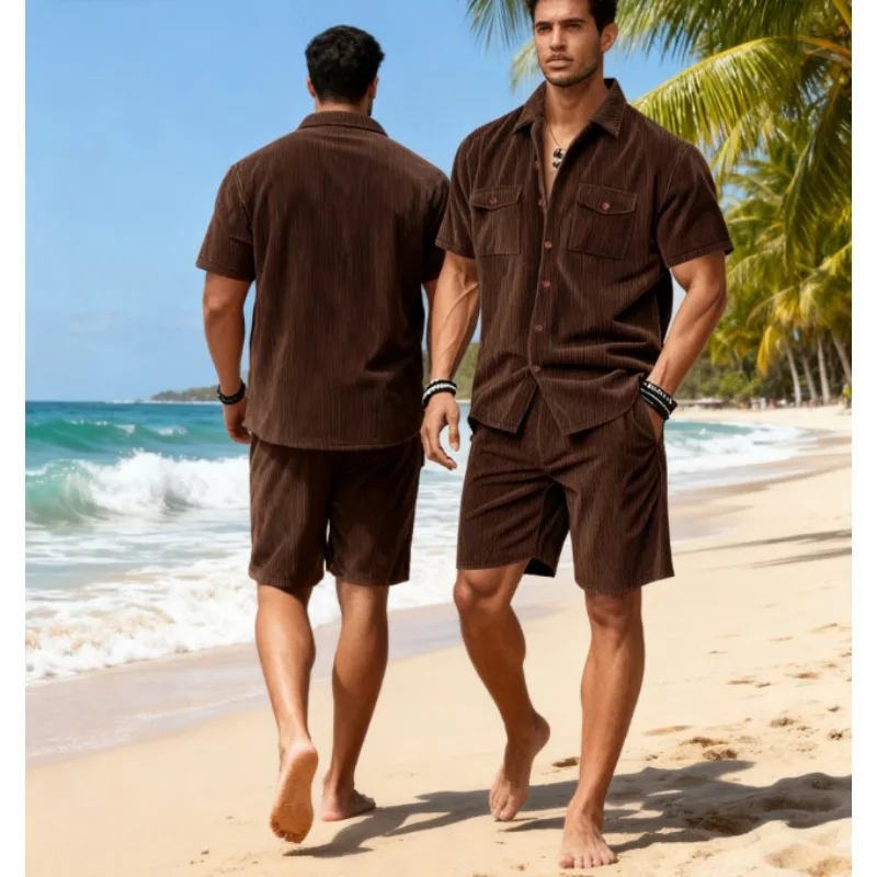 

Summer Men Corduroy Workwear Set Heavyweight Short Sleeve Shorts Casual