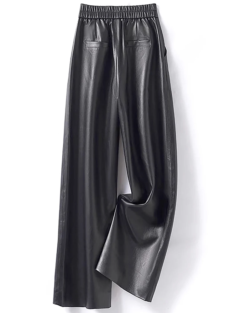 Women's elastic high waisted flared pants solid color fashionable and versatile 2025 autumn new versatile leather pants