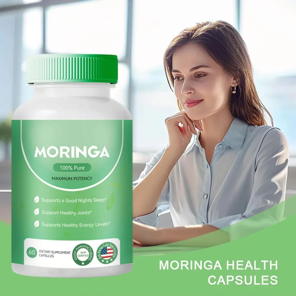 60pcs/bottle Unisex 100% Pure Moringa Leaf Capsules For All Ages Replenish Minerals Anti-fatigue Stay Energy Improve Work Sport