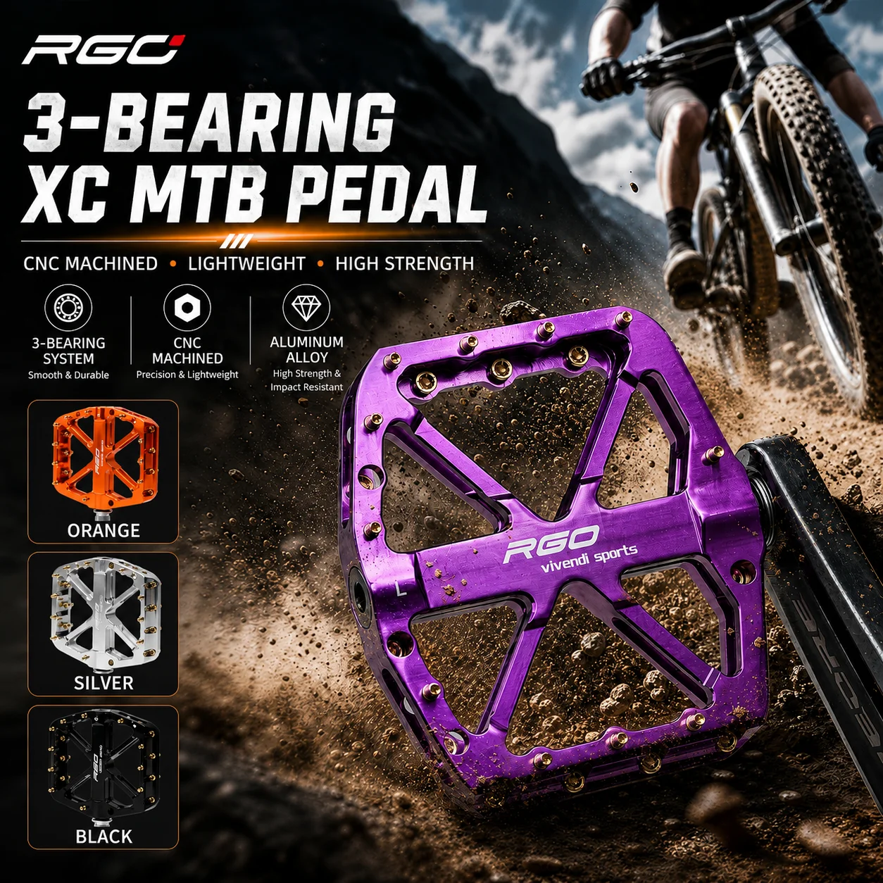 

RGO XC12 Bicycle Pedal CNC Aluminum Alloy Cycling Pedals for Mountain Bikes and Road Bikes 3 Pcs Bearing Lubricated Pedal