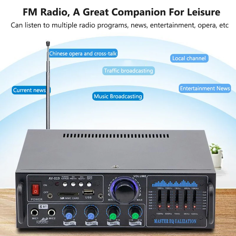 Home Power Amplifier 2.0 Channel Bluetooth Bass & Treble Sound Amp HiFi Digital Audio Amplifiers Dual Mic FM USB SD Remote