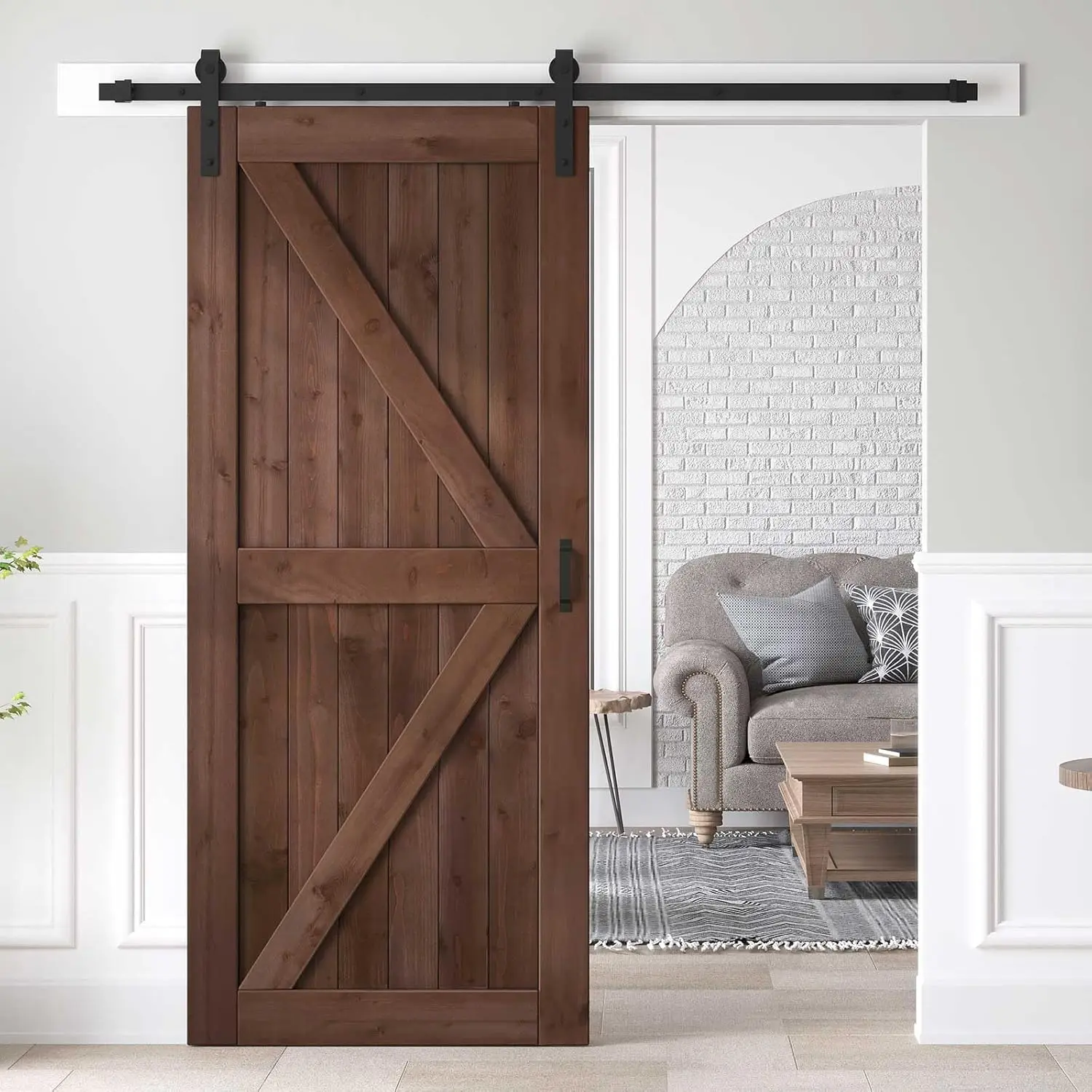 36X84 Inch Sliding Barn Wood Door Slab With 6.6Ft Hardware Kit And Handle, Coffee, K Shape, Simple Diy Assembly