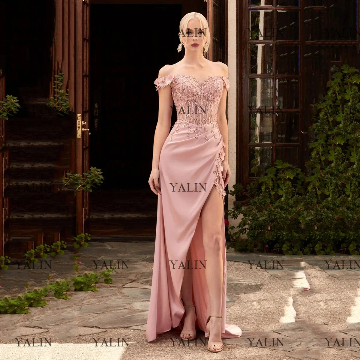 YALIN-Celebrity Vestidos com cetim Beading, Charming 3D Flores, Mermaid Wedding Party, Off the Shoulder Vestidos de baile, Prata