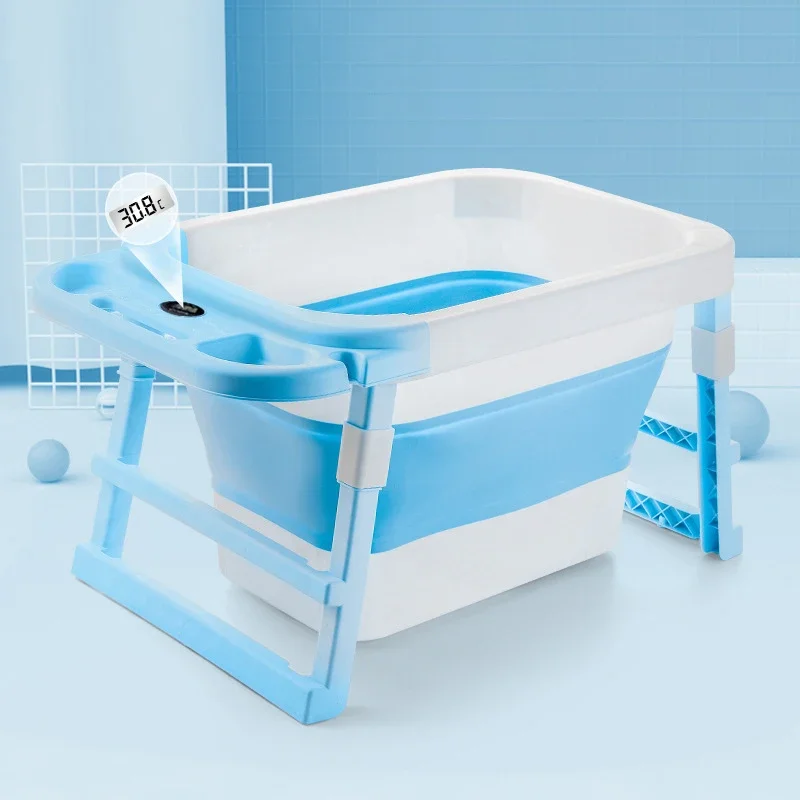 Baby Folding Bath Tub Newborn Baby Swim Tubs Bath Child Body Washing Portable Foldable Non-Slip Kid Bathtub w/ Thermometer