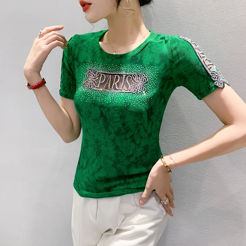 MadBlack Summer European Clothes T-Shirt Woman O Necks Mesh Patchwork Hot Drill Slim Tops Short Sleeve Elastic Tees Hand T34602C