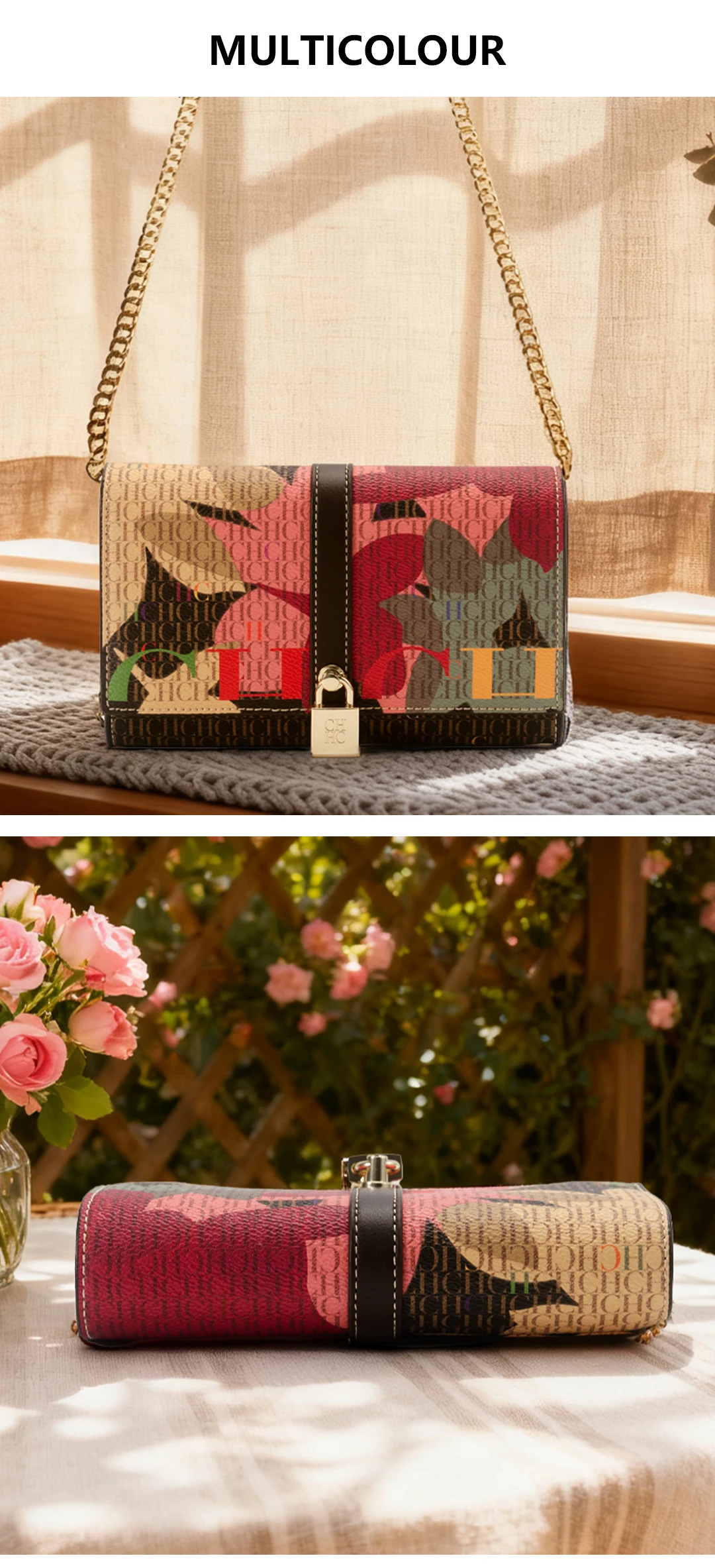CH Damen Schultertasche mit Allover-Camouflage-Print, Metallkette, Crossbody-Tasche mit Verschlussklappe, Damen-Abendclutch – Detail 3