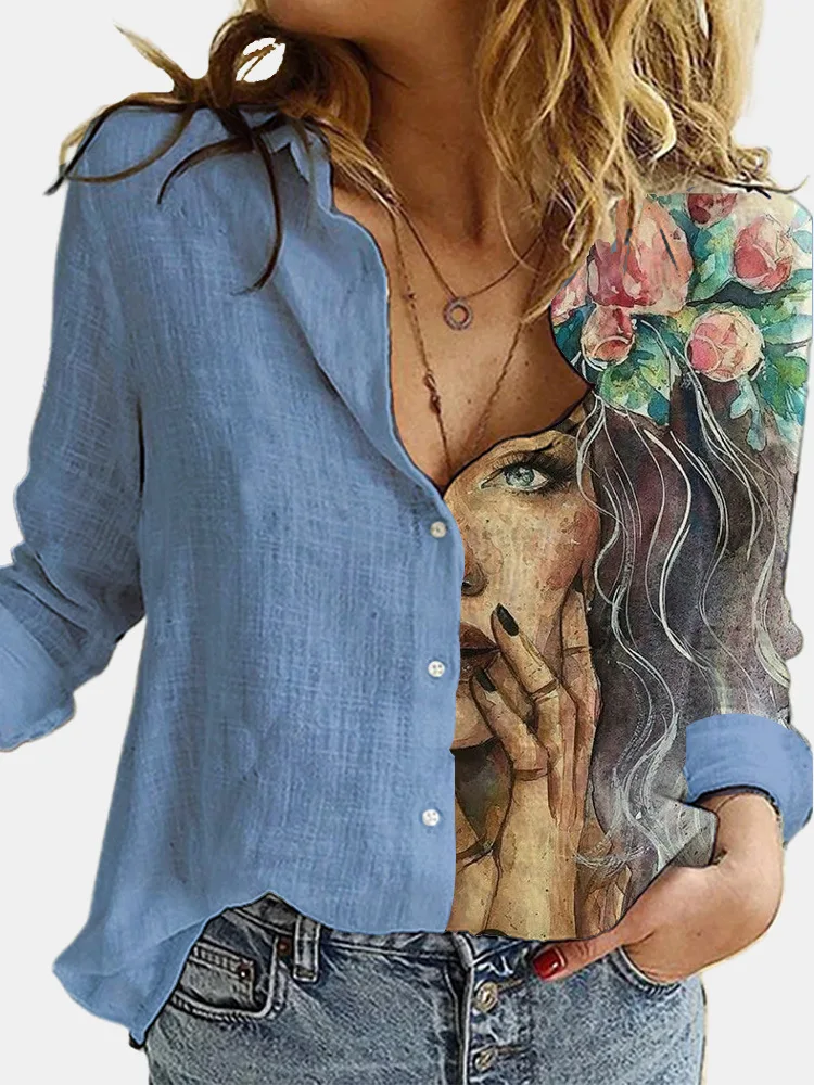 Popular Fashion Women's Loose New Retro Cartoon Digital Print Long-sleeved Lapel Shirt Tops Mujer