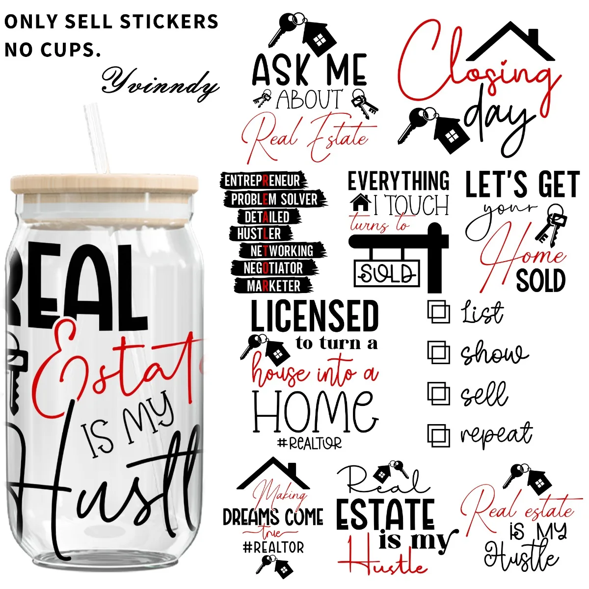 5 Stück Real Estate Women UV DTF Transferpapier, kratzfestes Transferpapier, geeignet für 16OZ-Becher und Flaschen
