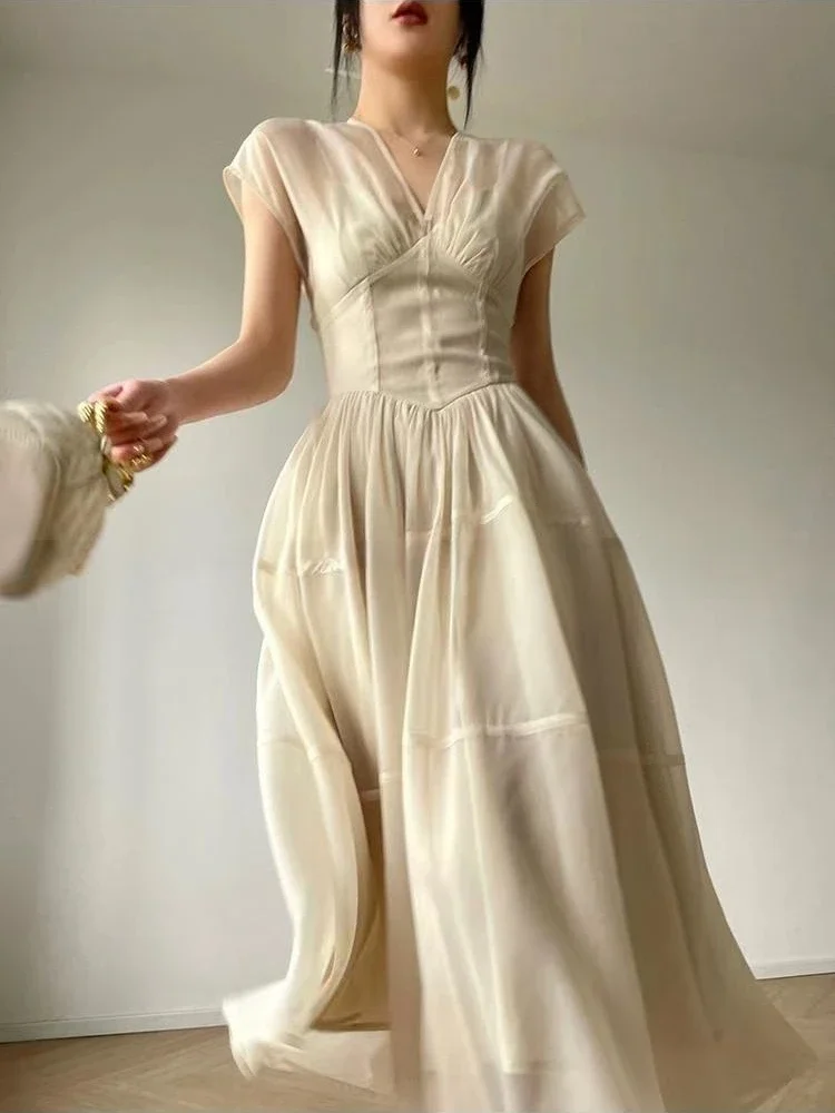 

French Vintage Court Style Midi Dress Elegant V Neck Slim Wasit Party Prom Vestidos Summer One Piece Robe Female Clothes
