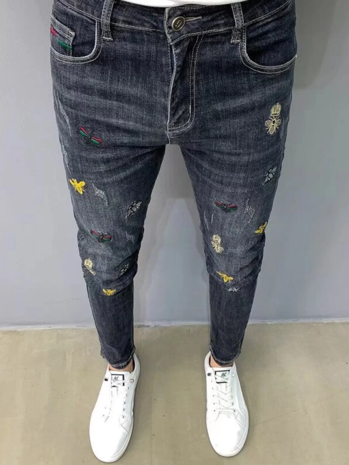 

Высококачественные облегающие джинсы с вышивкой, мужские весенне-летние новые эластичные брюки до щиколотки Sle Faion, молодежная одежда, повседневное использование