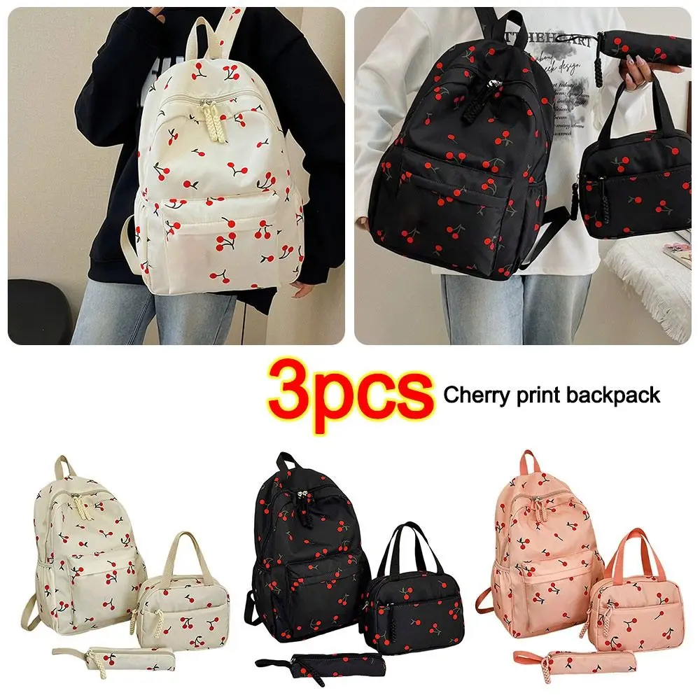 3Pcs/Set Oxford Cloth Cherry Backpack Preppy Style Adjustable Laptop Backpack Large Capacity with Lunch Bag & Pencil Case