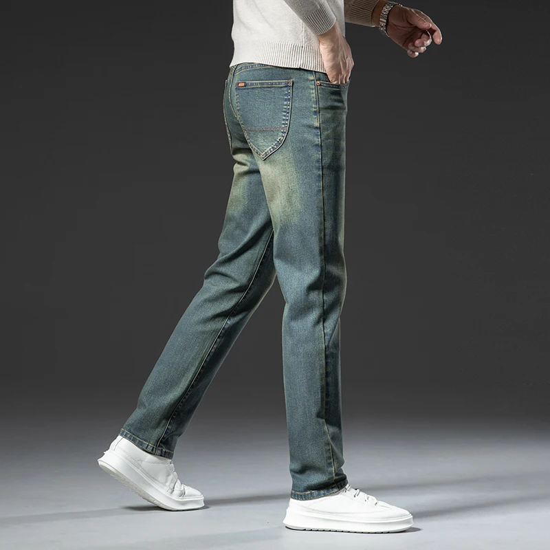 กางเกงยีนส์ฤดูหนาวคุณภาพสูงสำหรับผู้ชาย กางเกงเดนิมยืดหยุ่นบุขนหนานุ่ม อุ่นสบาย ทรงตรง สไตล์เรโทร ผ้ากำมะหยี่