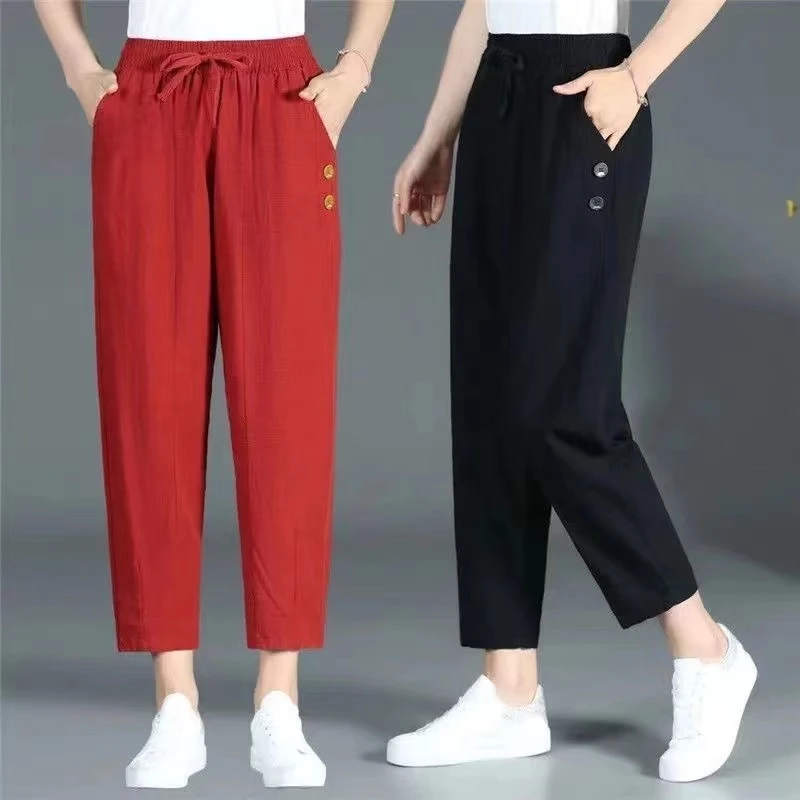 

Cotton Linen Cropped Women's Pants 2024 Summer Big Size Casual Harlan New Loose Elegant High Waist Pants