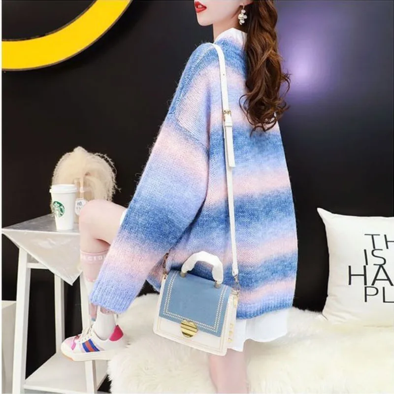 Rainbow Pullover Sweater Women's Outside Wear Autumn 2020 New Korean Round Neck Loose Cocoon Long-Sleeved Knitt Sweater Tops