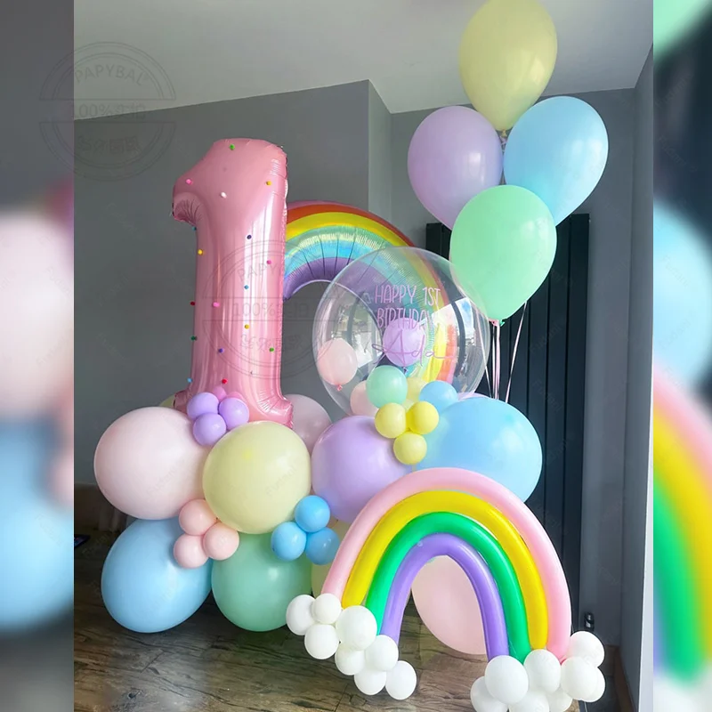 76pcs Macaron Rainbow Clouds Balloon Kit 32inch Pink Number Foil Balloons 1-9age Kids Birthday Party Decors Baby Anniversary