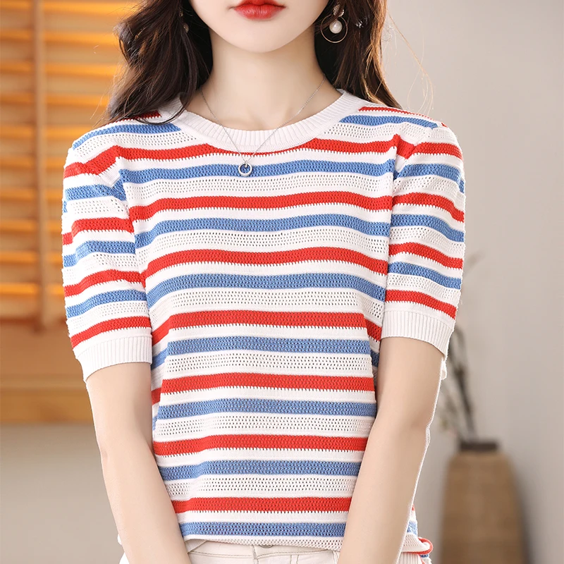 Striped Cotton T-Shirt  New Summer Minimalist Style Women\'s Casual Loose Short Sleeved Top Classic Versatile  Round Neck T-Shirt