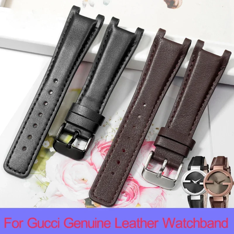 For Gucci Genuine Leather Watch Band YA1332 1333 1335 Notch Black Brown Watch Strap for Men and Women 16.10mm 20.12mm 22.14mm