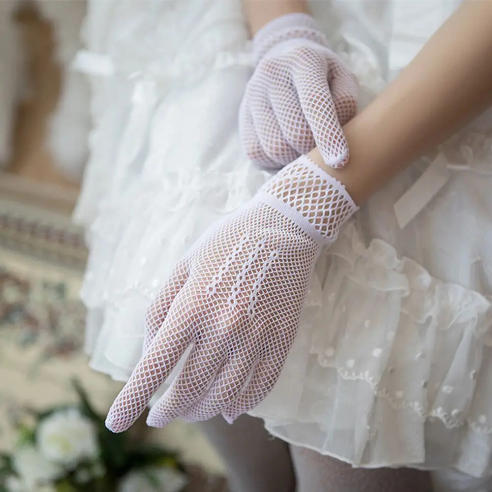 Vrouwen Zwart Wit Zomer Uv-Proof Rijden Handschoenen Mesh Visnet Handschoenen Kant Wanten Volledige Vinger Meisjes Kant Mode Handschoenen