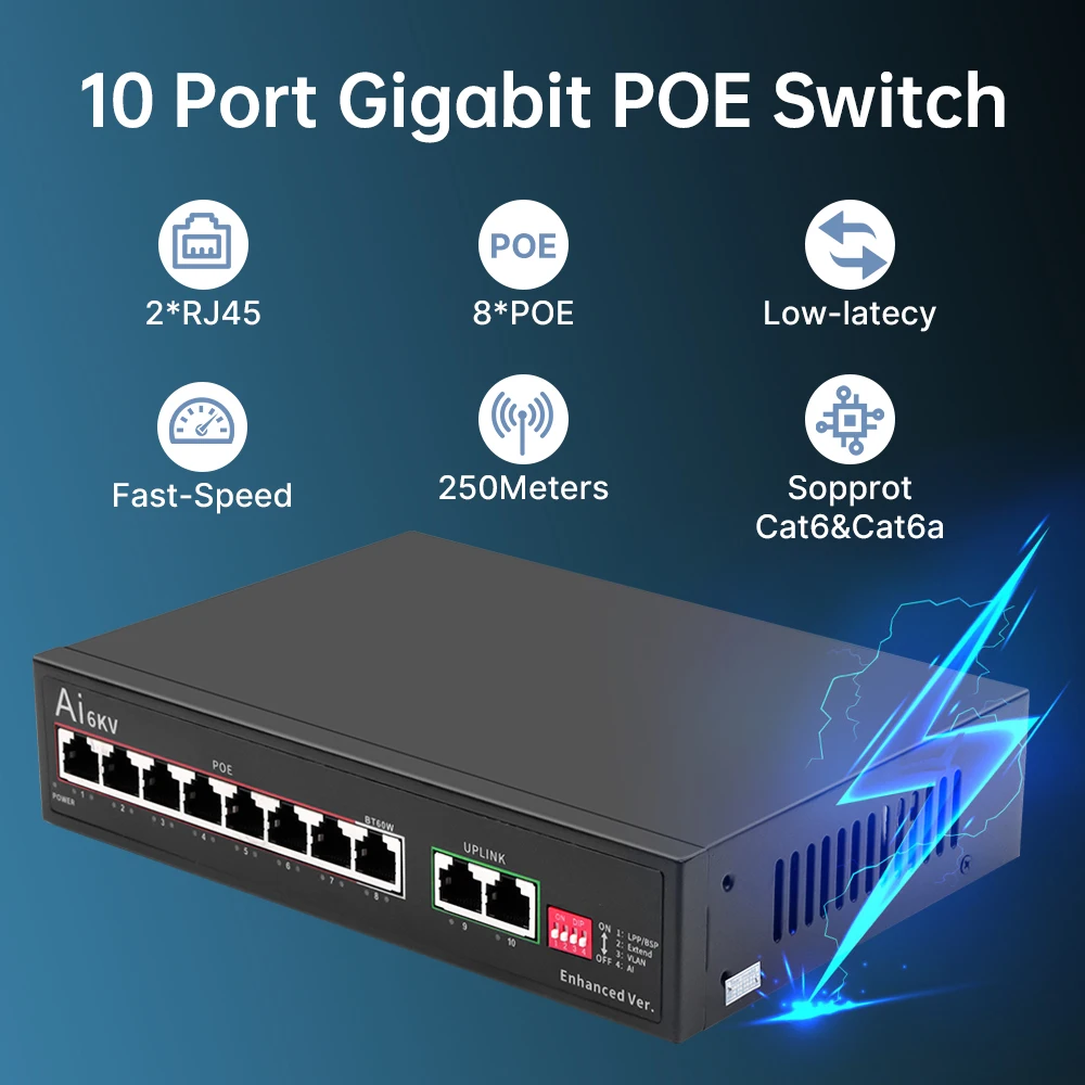 Switch Ethernet Gigabit FENVI 10 porte 1000M 8*1000M Porte PoE + 2*1000M Porte uplink IEEE 802.3AT/AF/BT per router Wifi