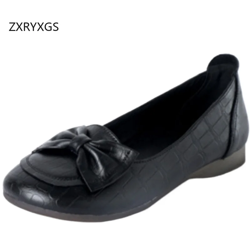 

ZXRYXGS, элегантная модная обувь высокого качества из воловьей кожи с бантом, женская обувь из натуральной кожи, осенняя банкетная обувь большого размера на плоской подошве, 2025 г.