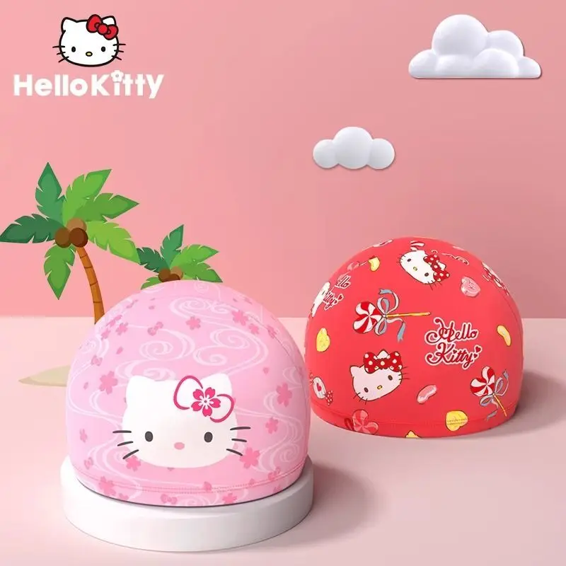 جديد مرحبا كيتي الطباعة قبعة قماش مرنة محيط الرأس الكبير الأطفال الكبار الفتيات رقيقة تنفس قبعة السباحة للماء #5